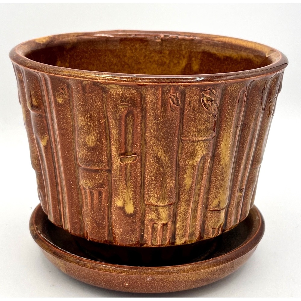 McCoy Pottery - "Bamboo" Pattern Brown‎ #0373 Flower Pot with attached Saucer